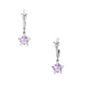 White gold plated huggie earrings with clear CZ accents and dangling lavender star-shaped crystals on cream background