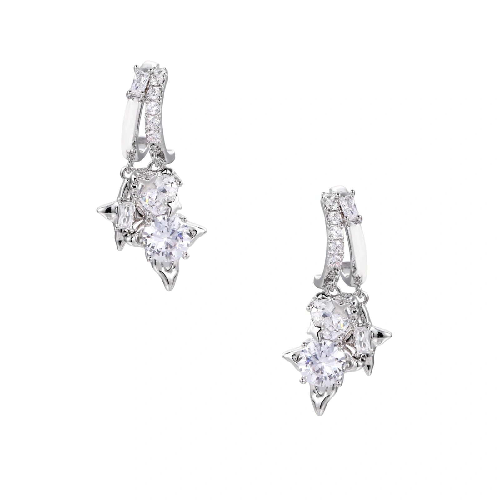 White gold-plated huggie earrings with geometric emerald-cut zirconia clusters in starburst formation on beige background