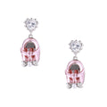 Drop earrings featuring miniature translucent handbag charms with heart crystal studs, silver bow accents, and pearls