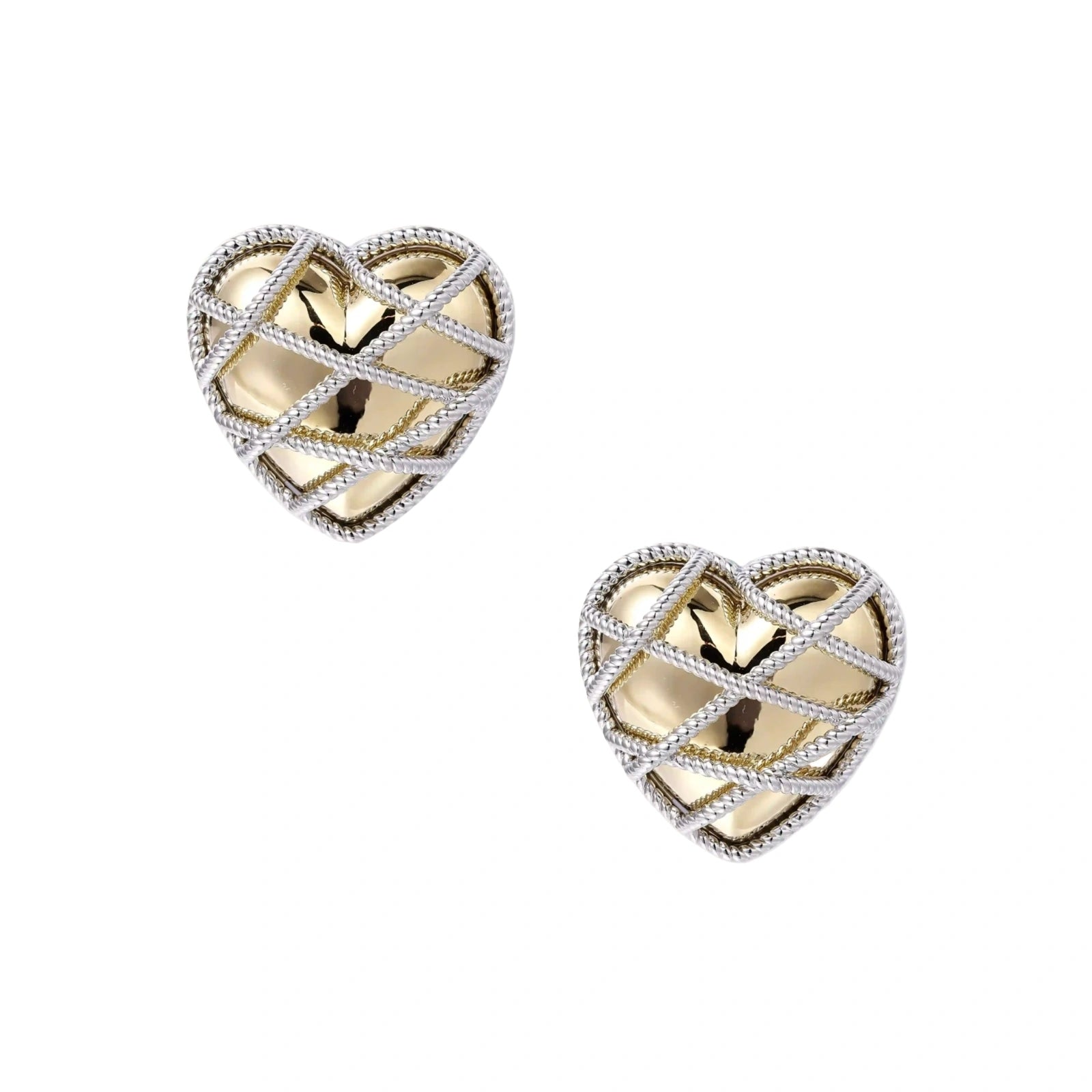 Heart-shaped stud earrings with intricate lattice design in 18K gold plated brass and silver-tone metal.