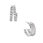 White gold-plated hoop earrings with double row of baguette-cut zirconia stones in geometric ladder design