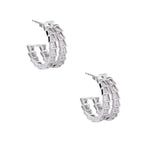 White gold-plated hoop earrings with double row of baguette-cut zirconia stones in geometric ladder design