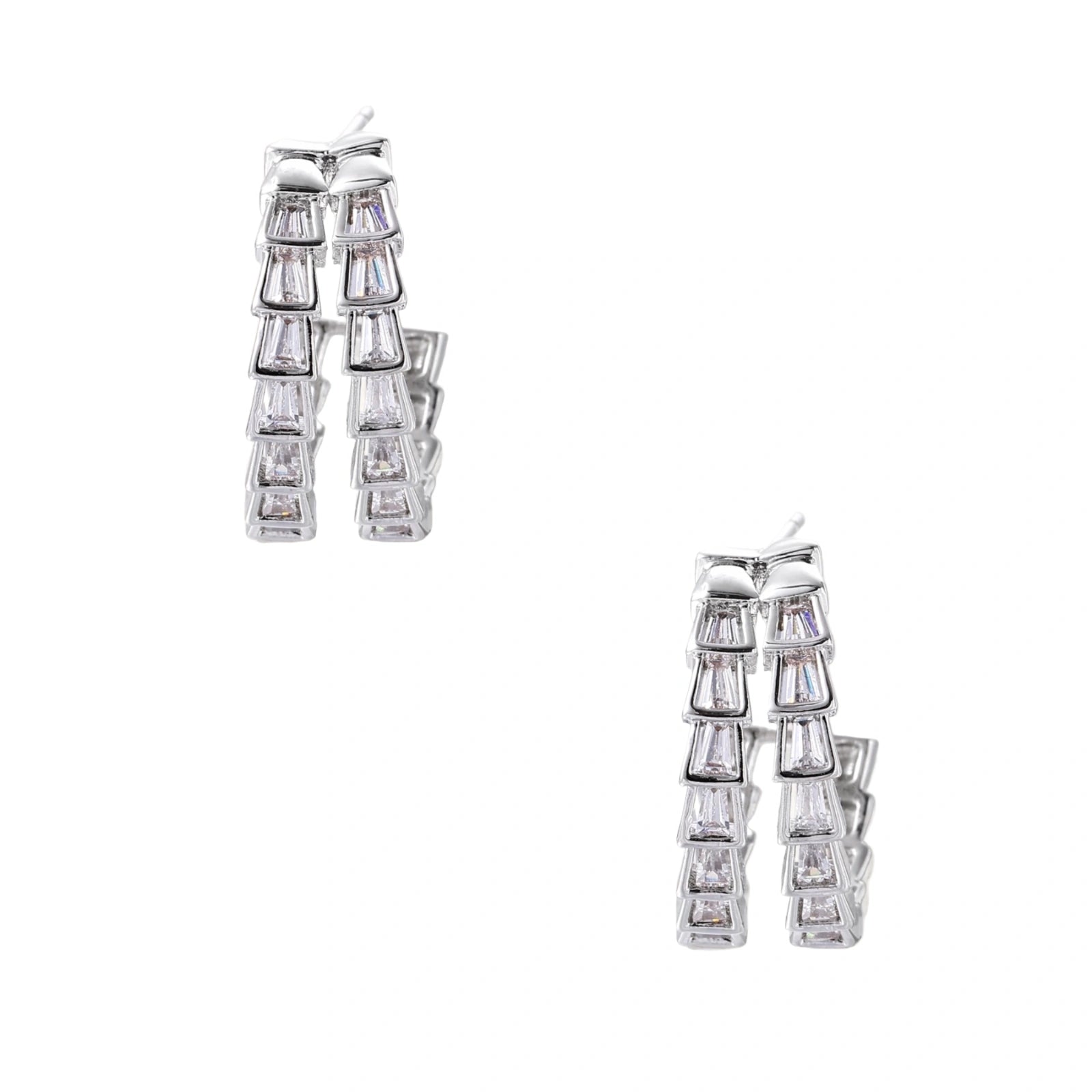 White gold-plated hoop earrings with double row of baguette-cut zirconia stones in geometric ladder design