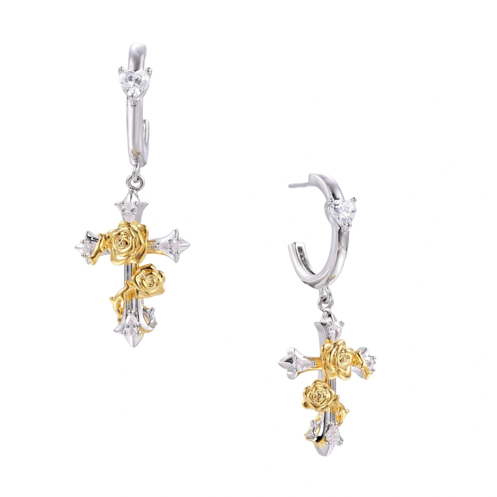 Ornate gold plated cross drop earrings with rose details and sparkling zirconia stones on white background.