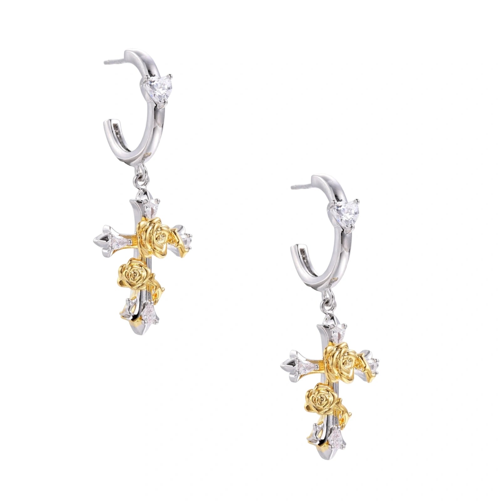 Ornate gold plated cross drop earrings with rose details and sparkling zirconia stones on white background.