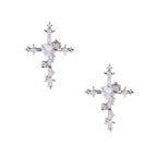 Ornate gold plated cross drop earrings with rose details and sparkling zirconia stones on white background.