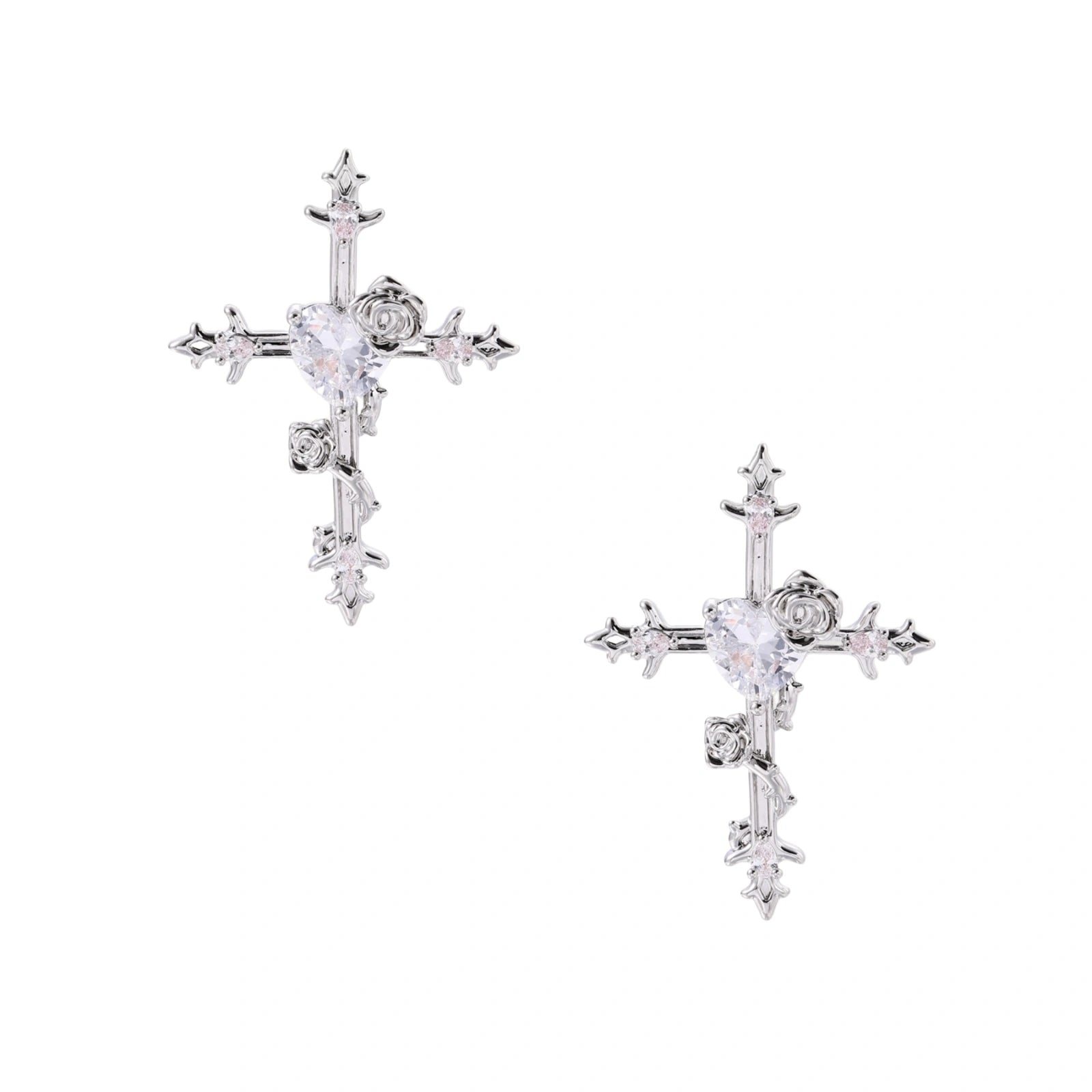 Ornate gold plated cross drop earrings with rose details and sparkling zirconia stones on white background.
