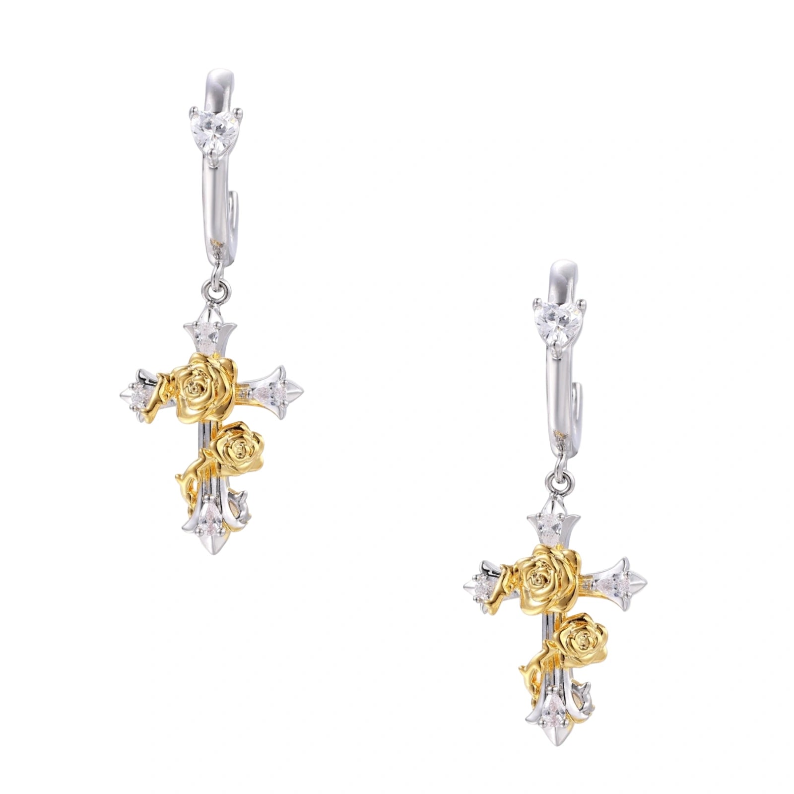 Ornate gold plated cross drop earrings with rose details and sparkling zirconia stones on white background.