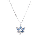 White gold-plated lotus pendant with blue denim fabric inlay and sparkling zirconia stones on adjustable chain