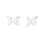 Pair of translucent butterfly-shaped stud earrings with frosted finish and dimensional wing details on white background