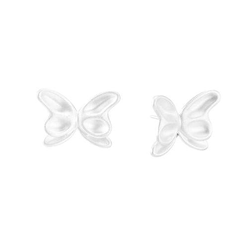 Pair of translucent butterfly-shaped stud earrings with frosted finish and dimensional wing details on white background