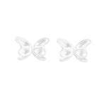 Pair of translucent butterfly-shaped stud earrings with frosted finish and dimensional wing details on white background