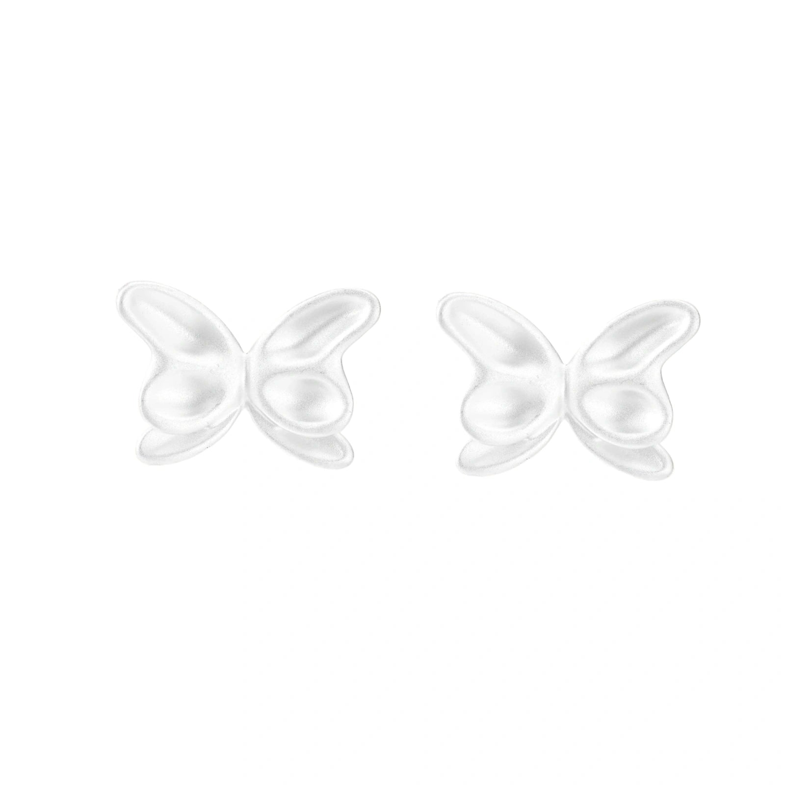 Pair of translucent butterfly-shaped stud earrings with frosted finish and dimensional wing details on white background