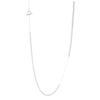Long sterling silver beaded necklace with graduated sphere design, toggle clasp, and delicate chain extension on white background