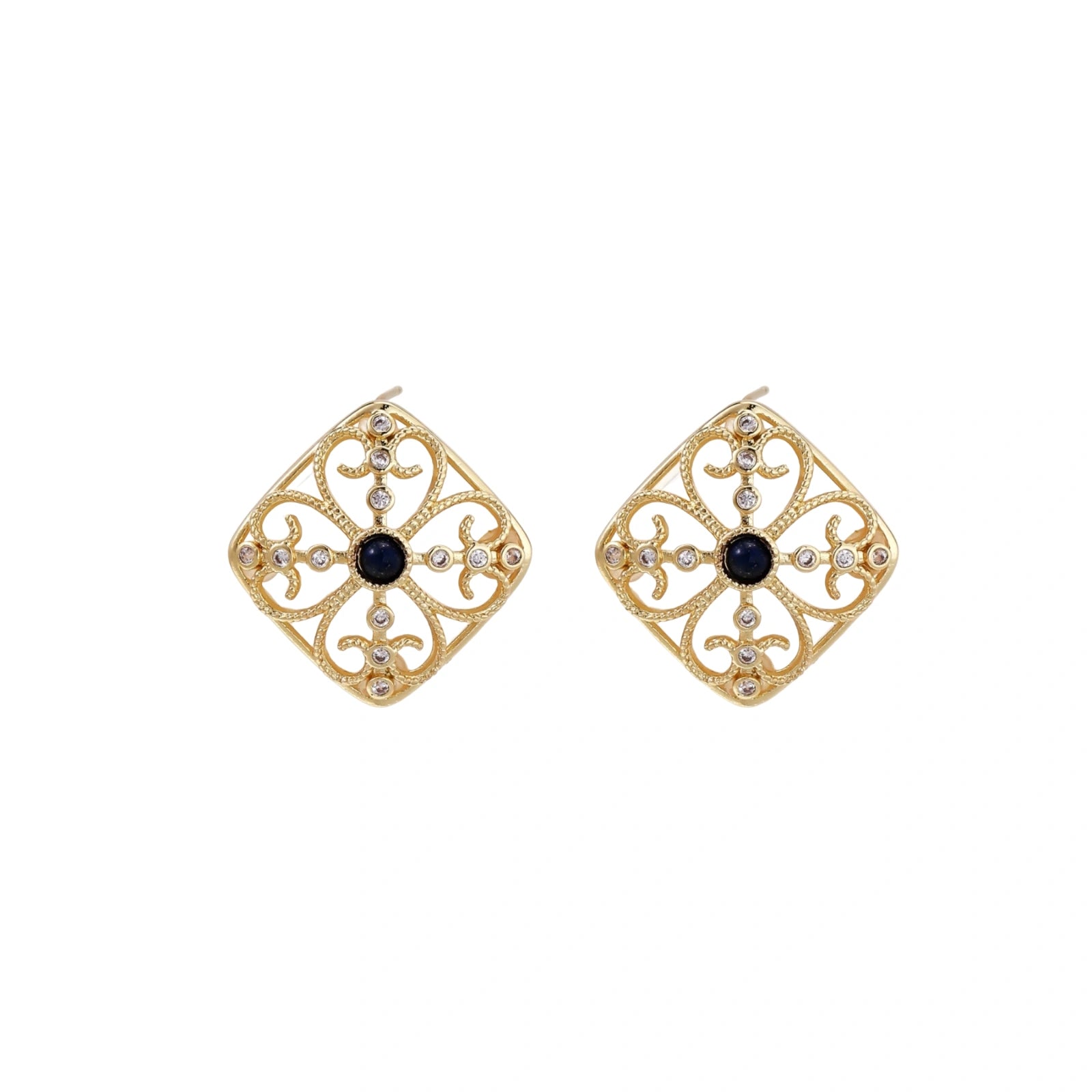 Gold filigree stud earrings with navy lapis lazuli center stone and mother-of-pearl accents in ornate quatrefoil design