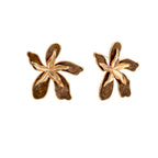 Gold-plated brass flower earrings with brown tortoiseshell enamel petals on cream background