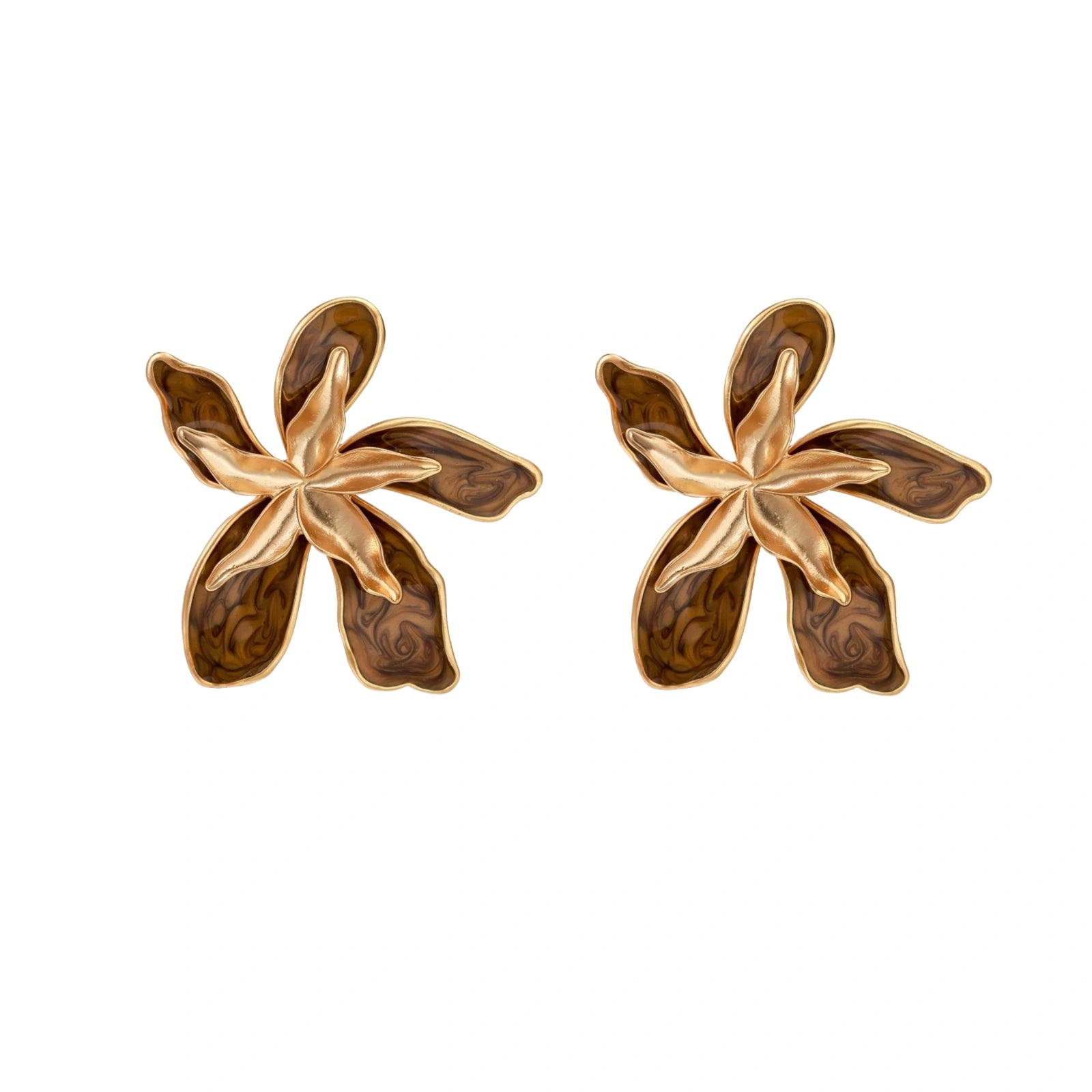 Gold-plated brass flower earrings with brown tortoiseshell enamel petals on cream background