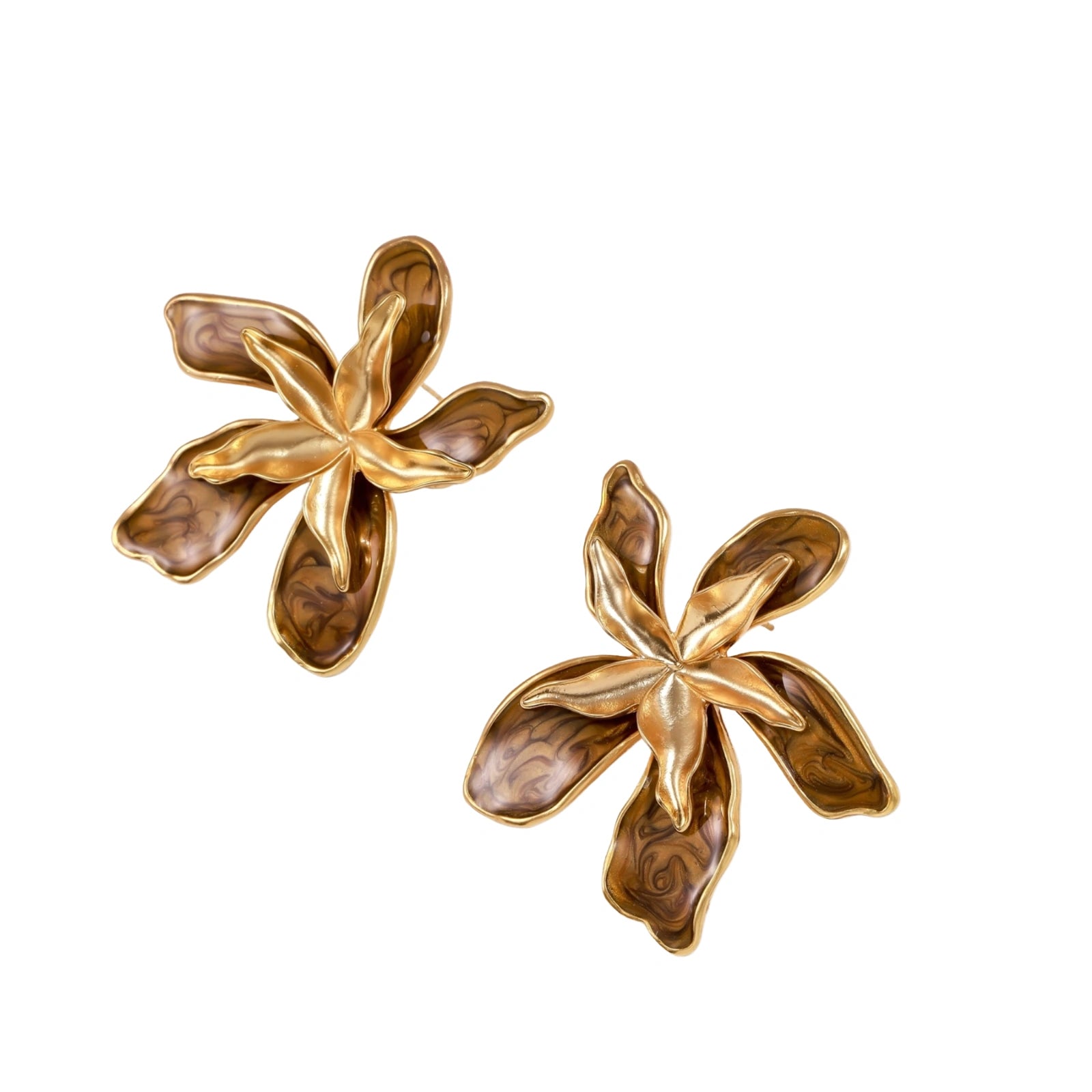 Gold-plated brass flower earrings with brown tortoiseshell enamel petals on cream background