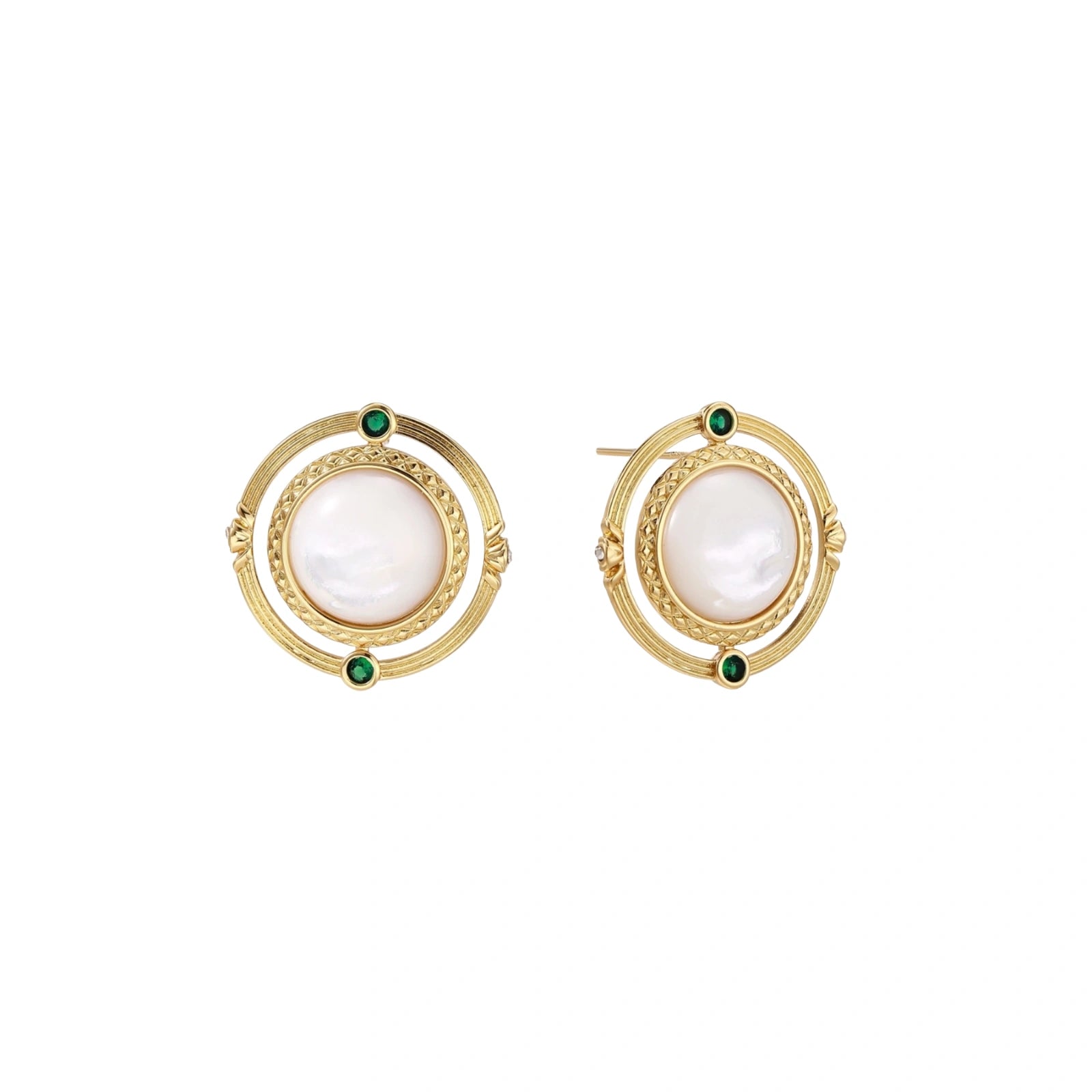 Circular gold stud earrings with iridescent mother-of-pearl center and green zirconia accents on cream background.