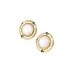 Circular gold stud earrings with iridescent mother-of-pearl center and green zirconia accents on cream background.