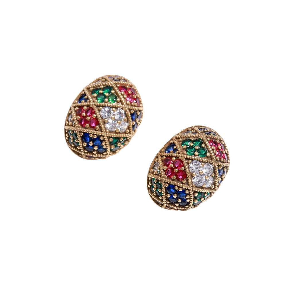 Oval gold-plated stud earrings with multicolor zirconia stones in geometric mosaic pattern