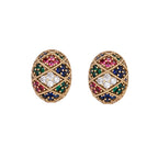 Oval gold-plated stud earrings with multicolor zirconia stones in geometric mosaic pattern