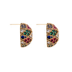 Oval gold-plated stud earrings with multicolor zirconia stones in geometric mosaic pattern