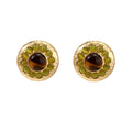 Round hammered gold studs with brown tiger's eye center surrounded by olive green liuli stones on white background.