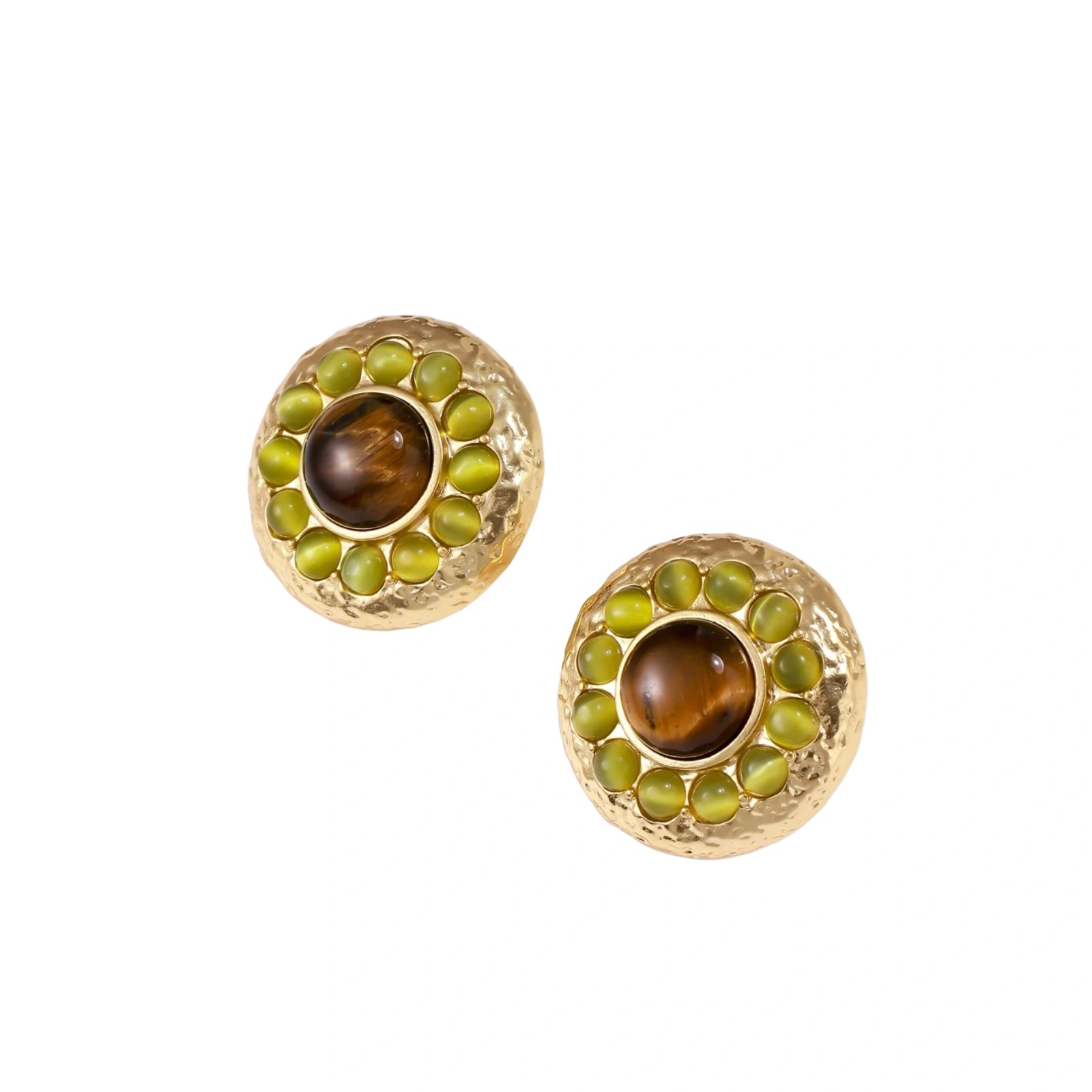 Round hammered gold studs with brown tiger's eye center surrounded by olive green liuli stones on white background.