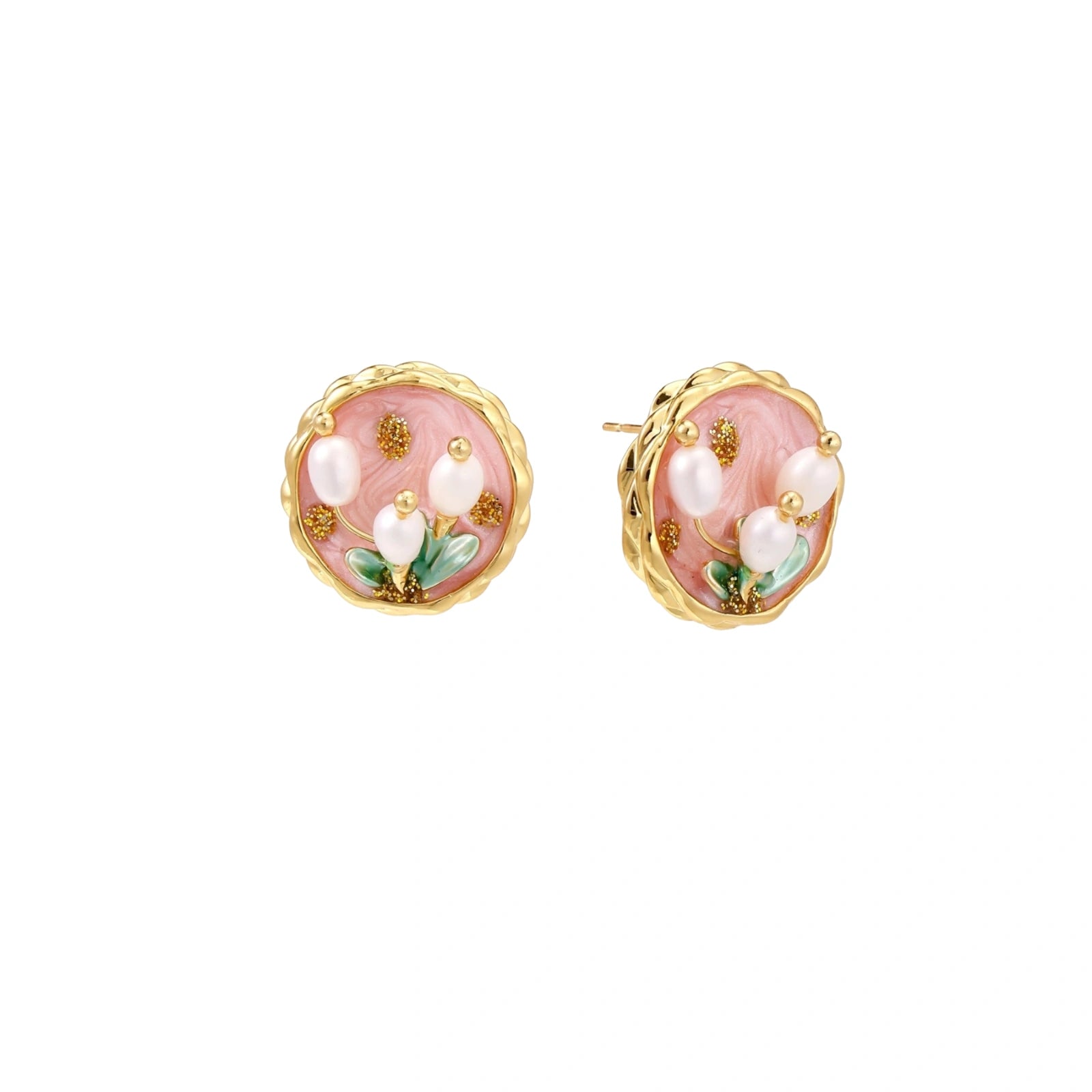 Round stud earrings with pink enamel, three white freshwater pearls, green leaves, and gold-plated braided border