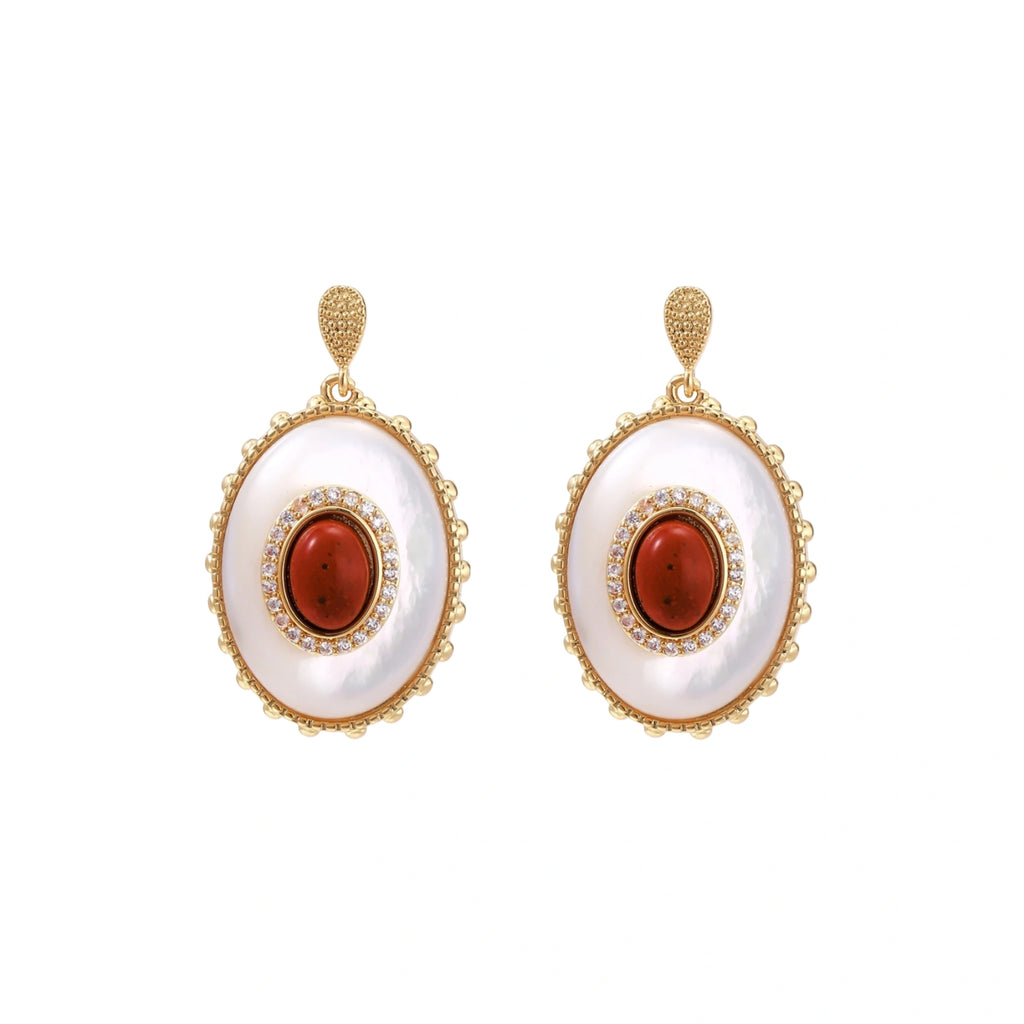 Gold-plated drop earrings with layered oval mother-of-pearl and cognac gemstone center framed by crystal halo