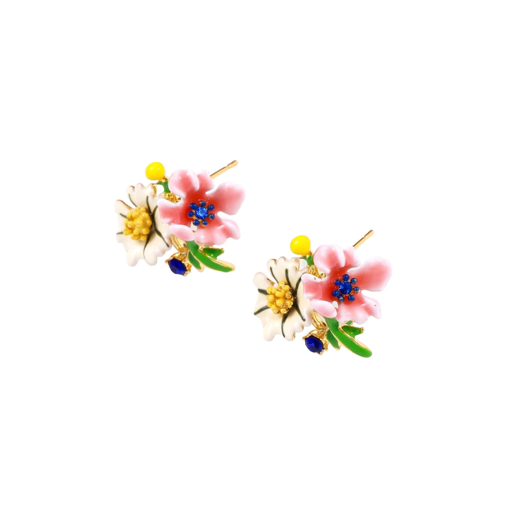 Colorful floral cluster stud earrings with pink blooms, white daisies, yellow accents on gold-plated brass base