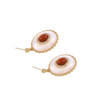 Gold-plated drop earrings with layered oval mother-of-pearl and cognac gemstone center framed by crystal halo