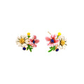 Colorful floral cluster stud earrings with pink blooms, white daisies, yellow accents on gold-plated brass base
