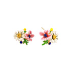 Colorful floral cluster stud earrings with pink blooms, white daisies, yellow accents on gold-plated brass base