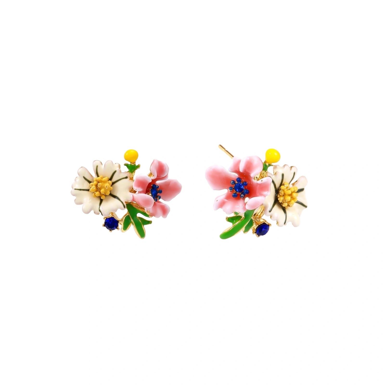 Colorful floral cluster stud earrings with pink blooms, white daisies, yellow accents on gold-plated brass base