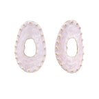Oval lavender enamel earrings with marbled finish and gold-plated beaded border on cream background.