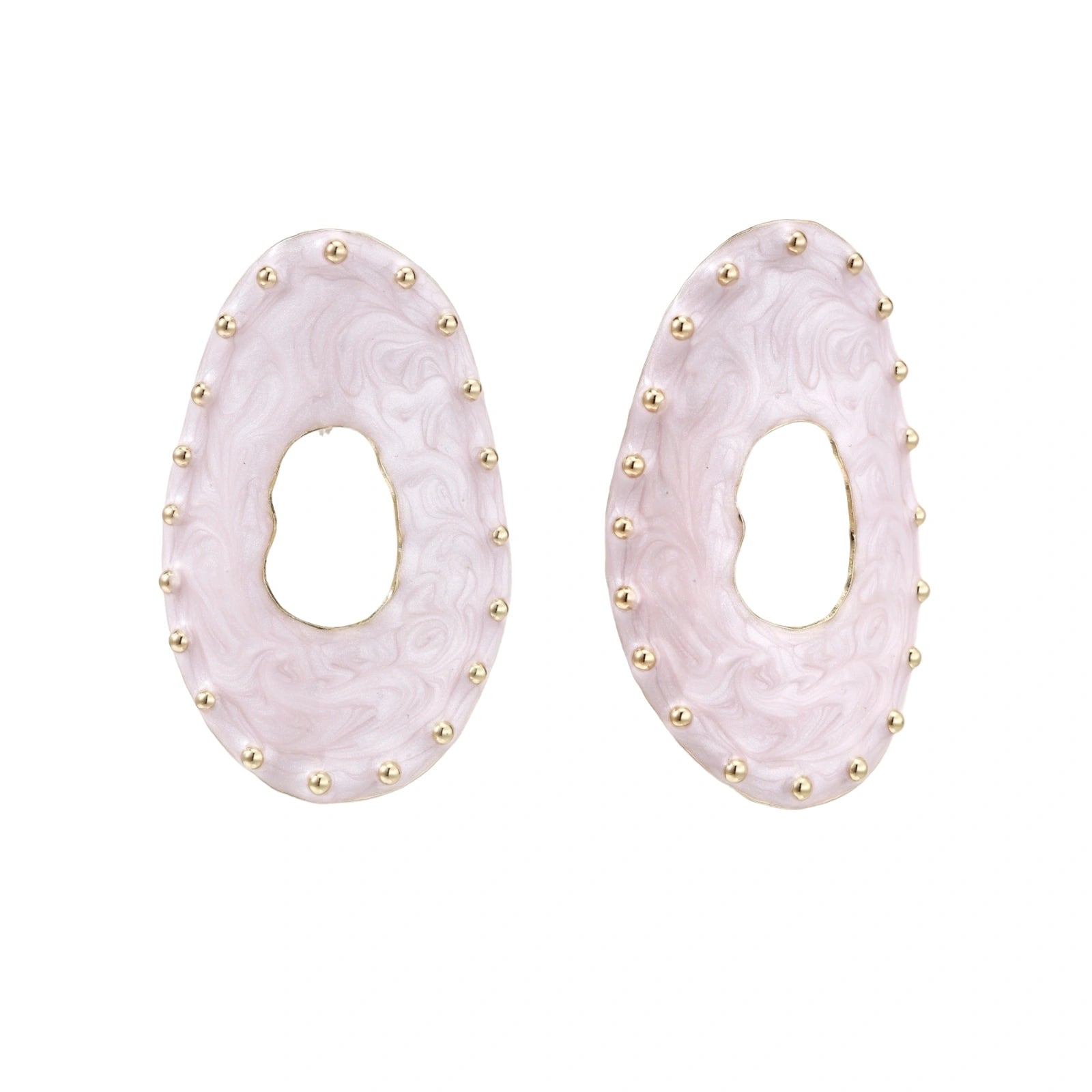 Oval lavender enamel earrings with marbled finish and gold-plated beaded border on cream background.