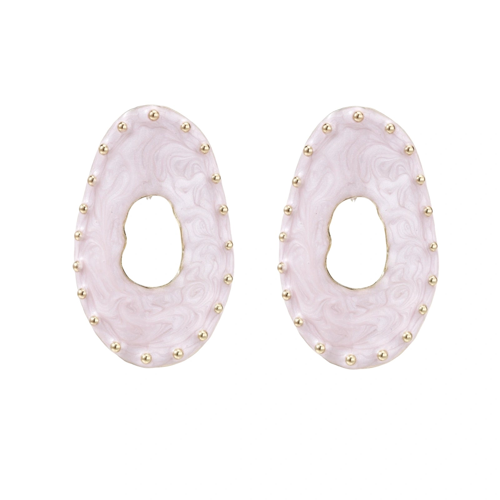 Oval lavender enamel earrings with marbled finish and gold-plated beaded border on cream background.