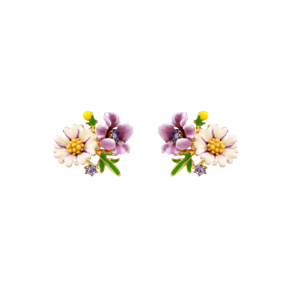 Cluster-style stud earrings with purple pansies, white daisies, yellow centers, and green leaves in glossy enamel finish