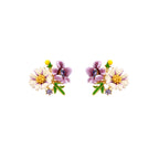 Cluster-style stud earrings with purple pansies, white daisies, yellow centers, and green leaves in glossy enamel finish