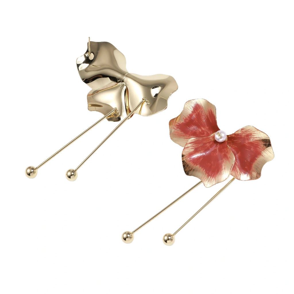 Red enamel flower earrings with gold-plated stems, central pearl, and gradient coral-to-gold petals on white background