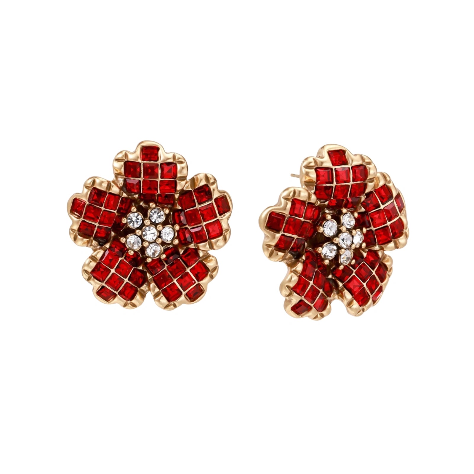 Gold-plated flower studs with burgundy square crystals in petal mosaic and clear center stones on beige background.
