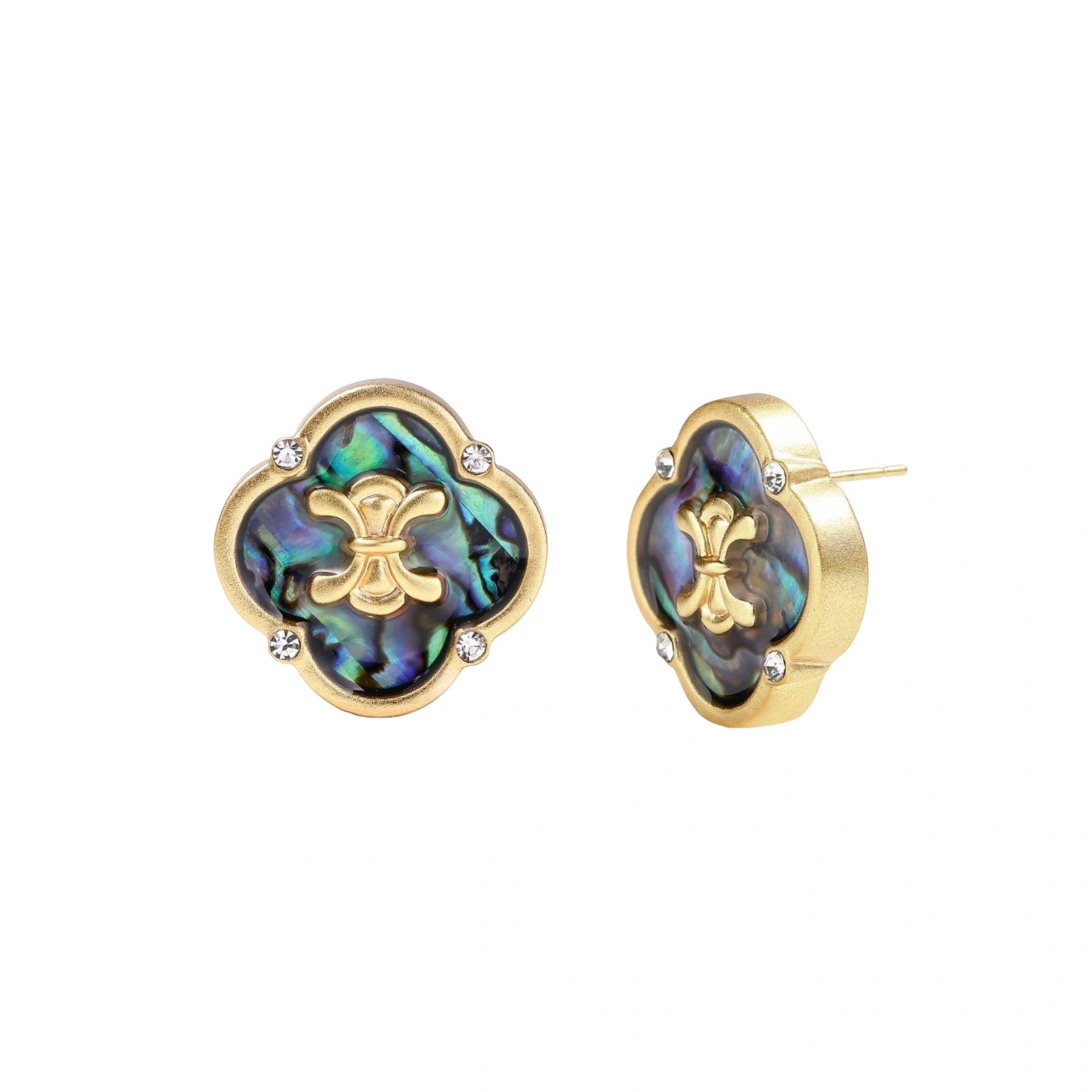 Gold quatrefoil stud earrings with iridescent abalone shell inlay and fleur-de-lis center, accented by four crystals