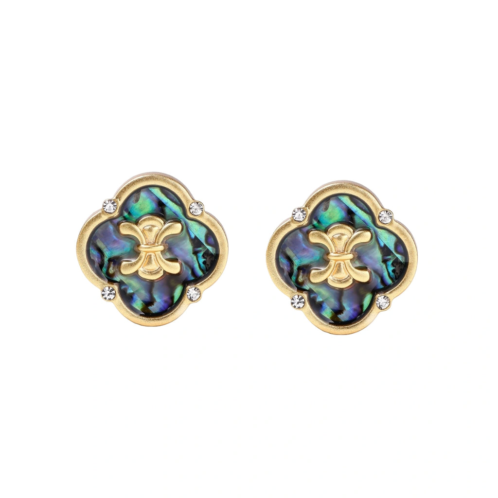 Gold quatrefoil stud earrings with iridescent abalone shell inlay and fleur-de-lis center, accented by four crystals