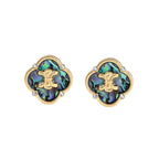 Gold quatrefoil stud earrings with iridescent abalone shell inlay and fleur-de-lis center, accented by four crystals