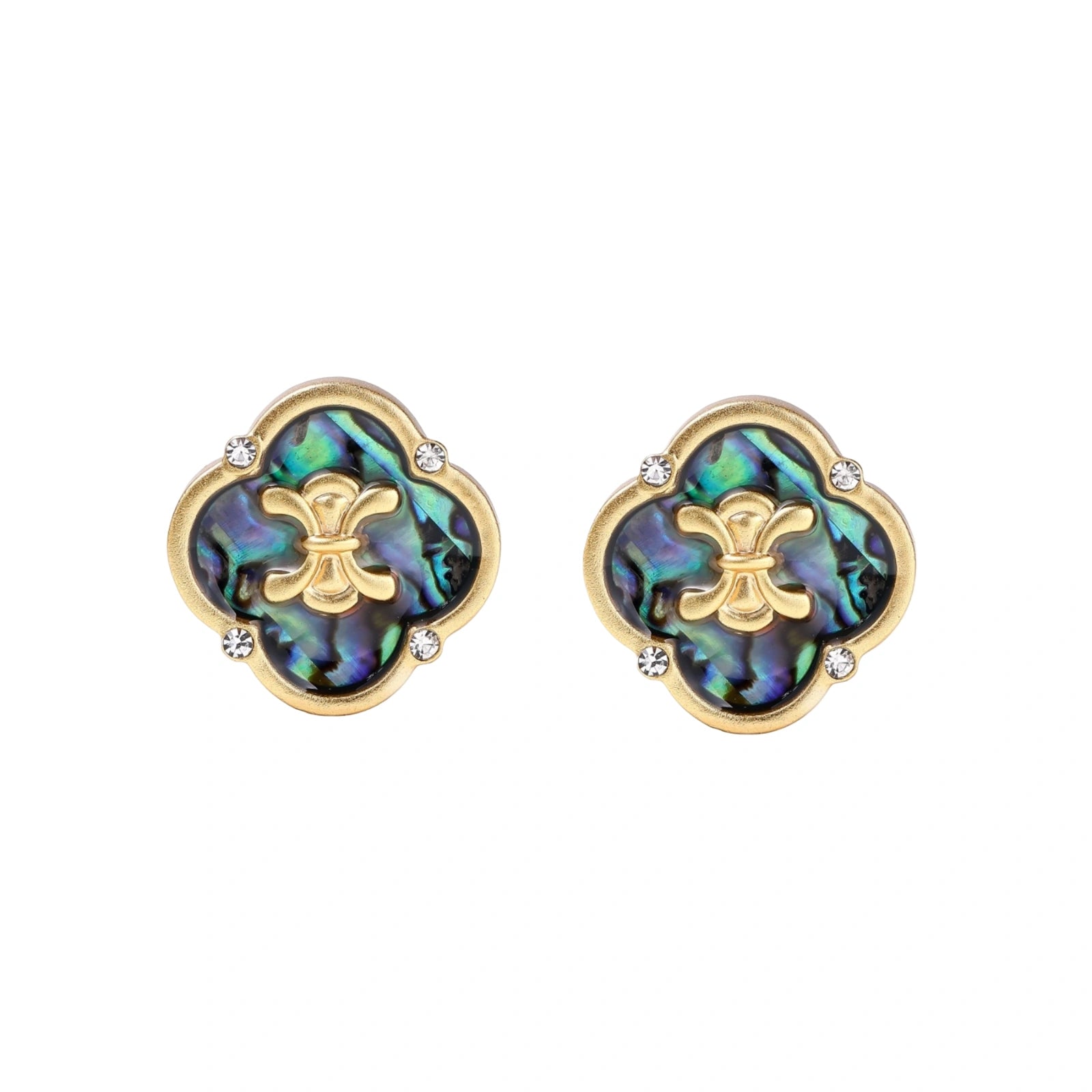 Gold quatrefoil stud earrings with iridescent abalone shell inlay and fleur-de-lis center, accented by four crystals