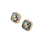 Gold quatrefoil stud earrings with iridescent abalone shell inlay and fleur-de-lis center, accented by four crystals