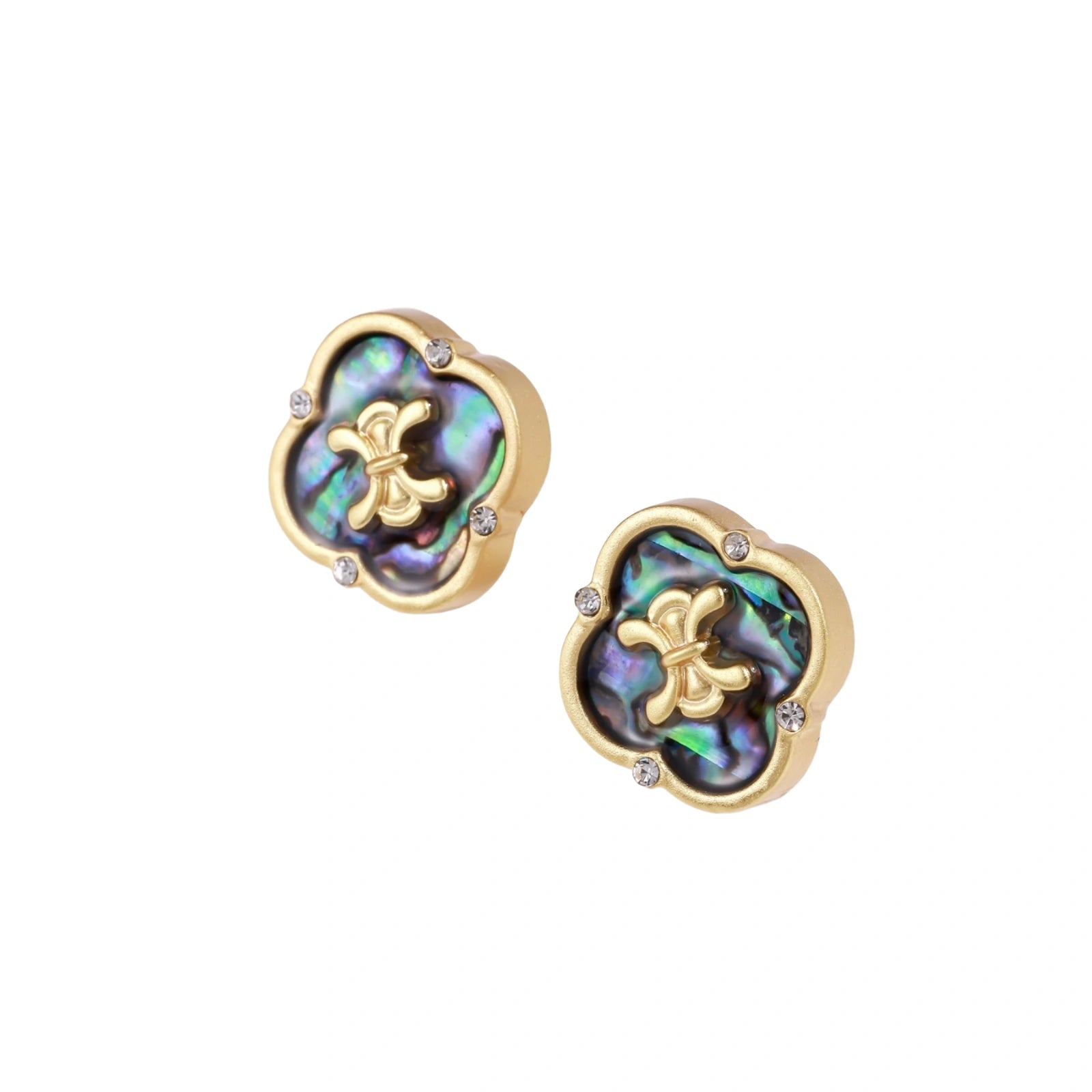 Gold quatrefoil stud earrings with iridescent abalone shell inlay and fleur-de-lis center, accented by four crystals