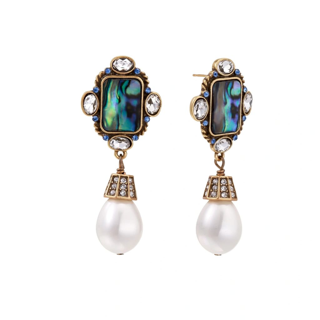 Ornate gold-plated drop earrings with rectangular abalone shell centers, crystal accents, and baroque pearl drops